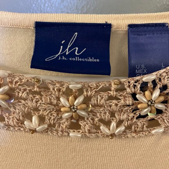 J H Collectibles Embossed Knit Sweater Beads Crochet Cream Large - Picture 2 of 8